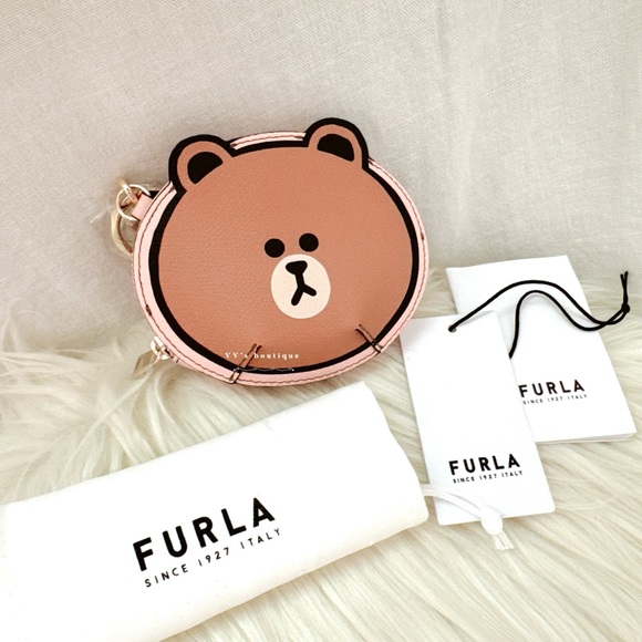 NWT Furla x LINEFRIENDS Coin Case Teddy Bear Toni Candy Rose Brown WP00045 RARE - Picture 4 of 9